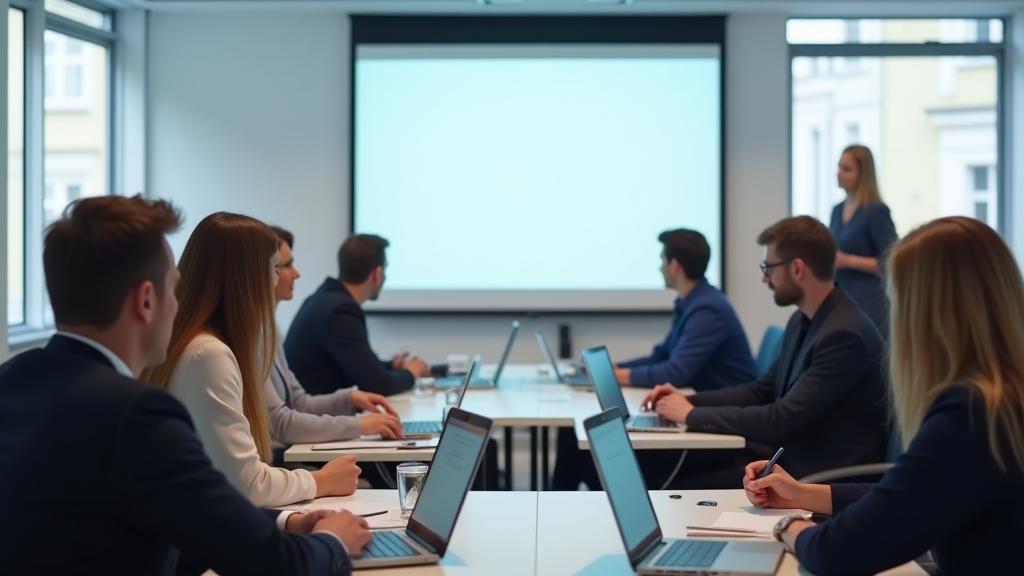 People in a modern classroom setting, learning about media
